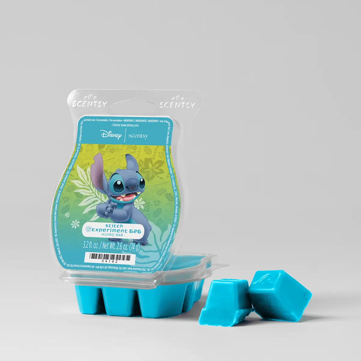 Bright turquoise Scentsy wax bar with Stitch character illustration on lime-green packaging, the Stitch: Experiment 626 Scentsy Bar, shown with individual wax chunks below