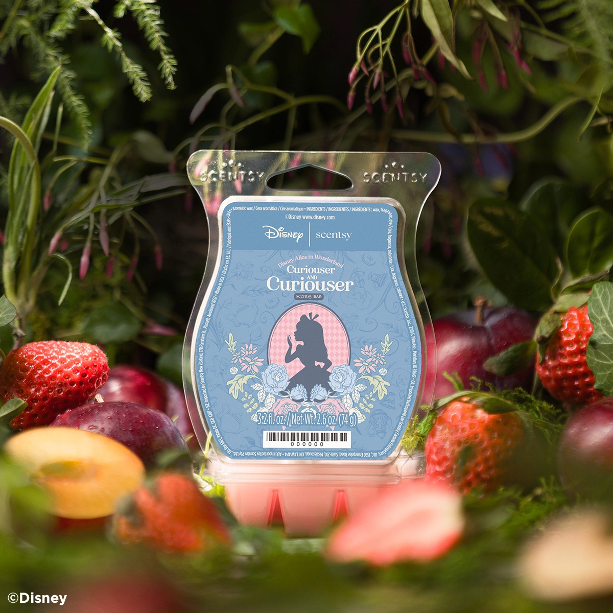 Pink Scentsy Bar in a blue label with Alice's silhouette in a floral cameo, the Disney Alice in Wonderland: Curiouser and Curiouser bar, among strawberries and plums
