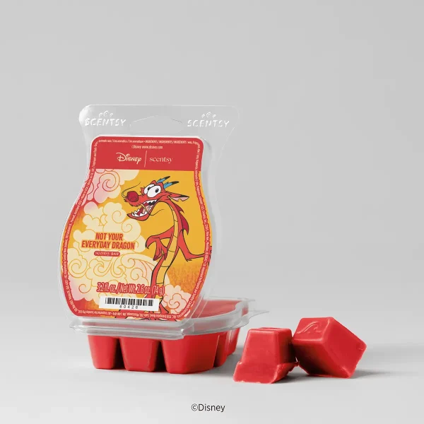 Red Scentsy wax bar with a Disney design featuring a stylised red and gold dragon character, Not Your Everyday Dragon Scentsy Bar, shown with individual wax cubes removed from the mould below