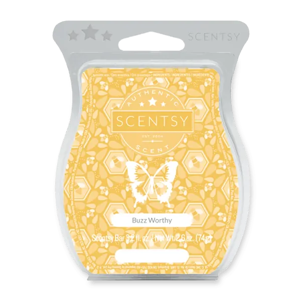 Yellow Scentsy Bar with white butterfly and honeycomb pattern design, Buzz Worthy Scentsy Bar, in clear plastic clamshell packaging with grey header