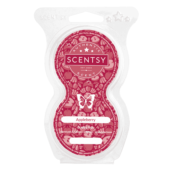 Clear plastic clamshell package containing two deep pink Scentsy Pods with ornamental patterned design and butterfly motif, labeled Appleberry Scentsy Pods