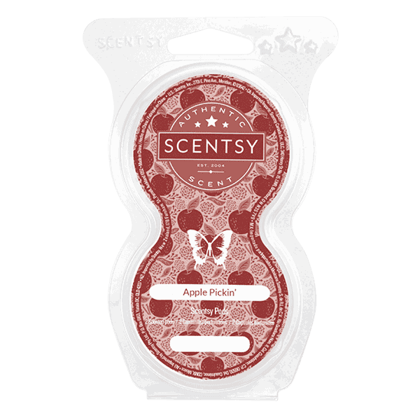 Apple Pickin' Scentsy Pods - Clear plastic clamshell package containing two red and cream patterned Scentsy Pods for Apple Pickin' fragrance, with decorative apple and butterfly motifs on the label