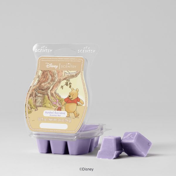 Lavender Scentsy Bar wax melt package featuring Winnie the Pooh and Hundred Acre Wood illustration, with six purple wax cubes displayed in front, the Hundred Acre Wood Scentsy Bar