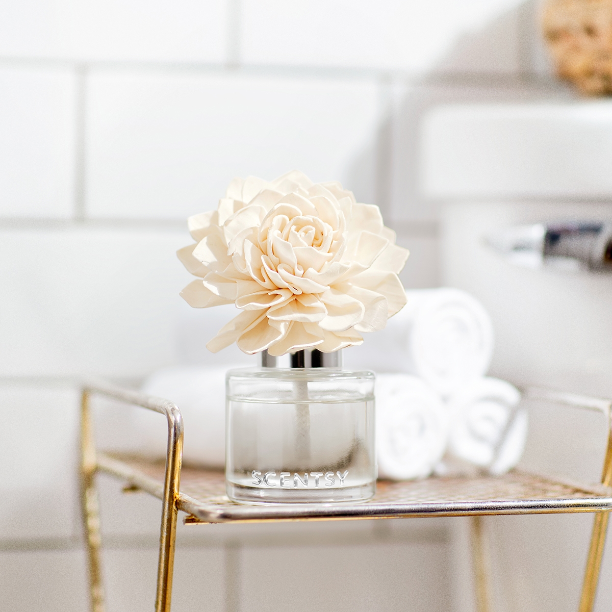 Cream-coloured dahlia with layered petals and peach centre, stems inserted in a clear glass bottle marked "SCENTSY", displayed on a gold-trimmed shelf in a bright room, the Vanilla Bean Buttercream - Dahlia Darling Fragrance Flower