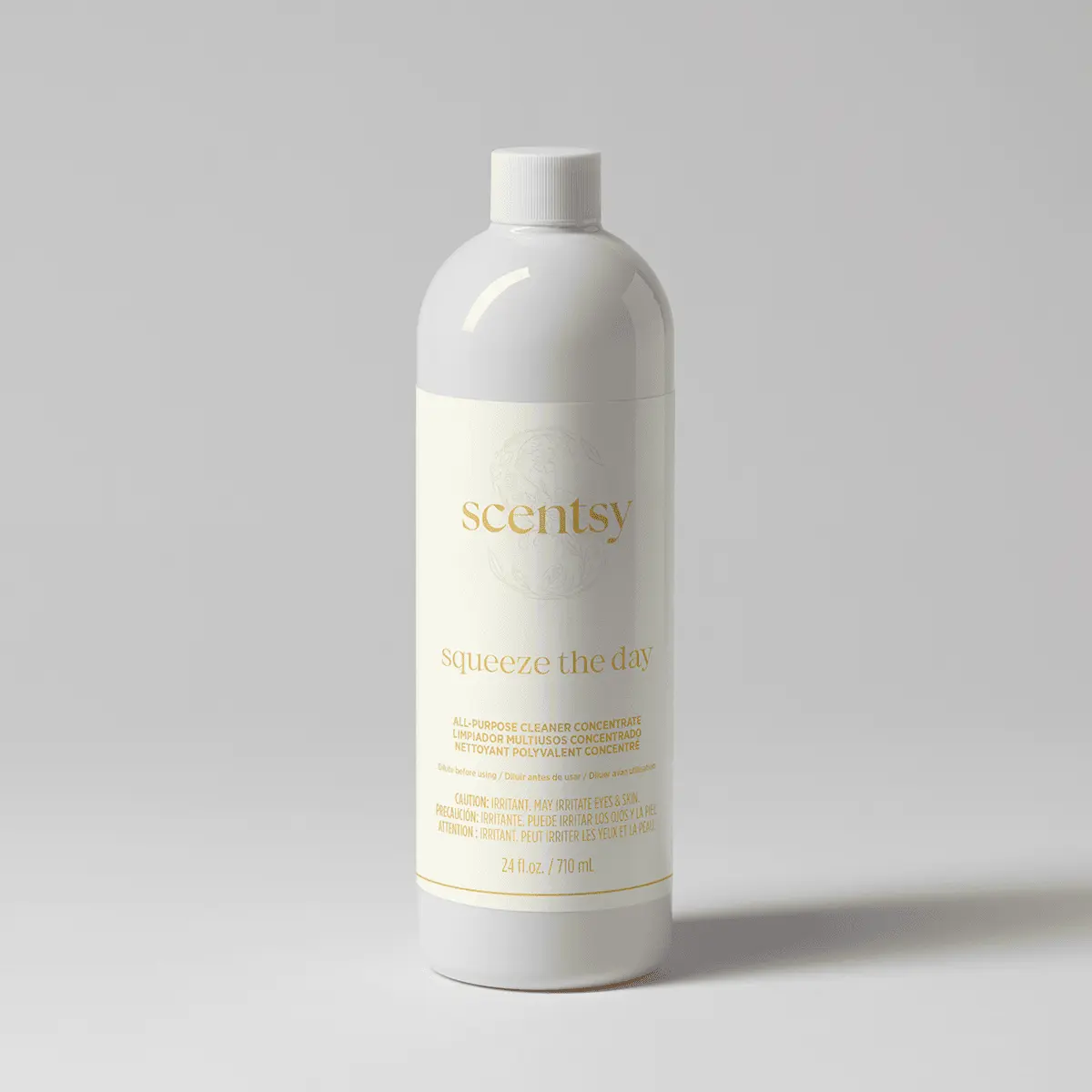 White plastic bottle with white cap and cream label featuring gold text reading "scentsy" and "Squeeze the Day All-Purpose Concentrate", 24 fl oz