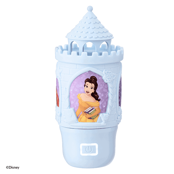 Light blue castle-shaped Scentsy Air Mini diffuser with a conical turret top, arched windows, and a portrait of Belle in a yellow gown on the front panel, the Disney Princess Scentsy Air Fan Mini+ (Belle, Ariel, Cinderella)