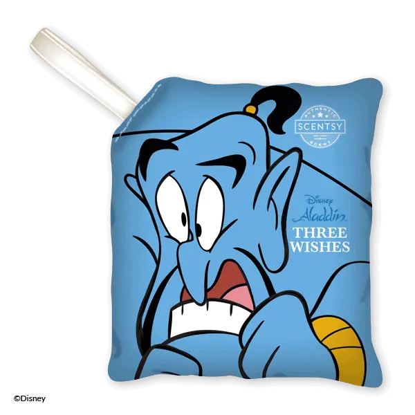 Disney Aladdin: Three Wishes Scent Pak - Blue plush Scent Pak featuring the genie character from Disney Aladdin: Three Wishes, with a white hanging loop and Scentsy branding