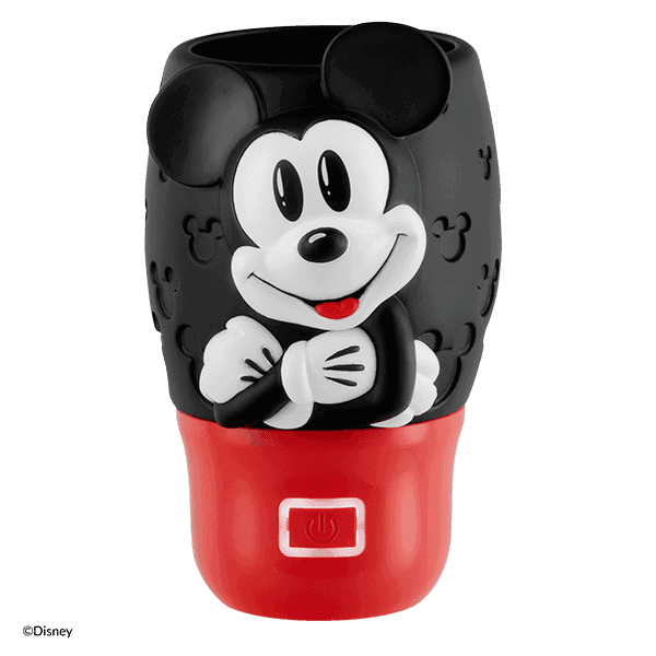 Black and red Scentsy Air fan with Mickey Mouse's smiling face and oversized ears on the upper section, white gloved hands clasped at the centre, and a red power button on the base, the Mickey Mouse Scentsy Air Fan Mini+