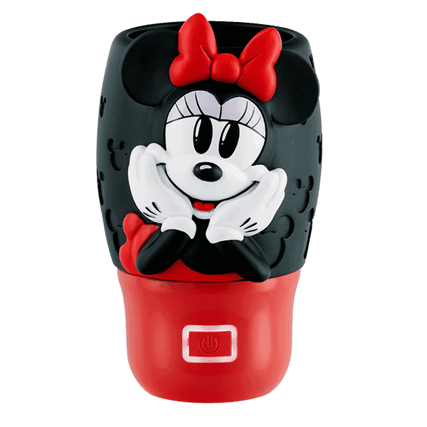 Minnie Mouse character-shaped diffuser in red and black with a white smiling face, red bow, and white gloves, the Minnie Mouse Scentsy Air Fan Mini+ with a red base and control button