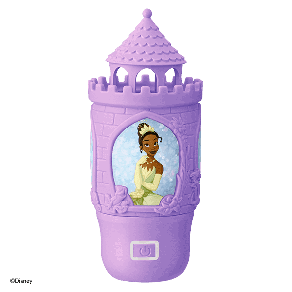 Purple castle-shaped Scentsy Air Mini diffuser with a turret top, arched windows, and a circular window featuring a Disney Princess character in a yellow gown, the Disney Princess Scentsy Air Fan Mini (Tiana, Mulan, Rapunzell)