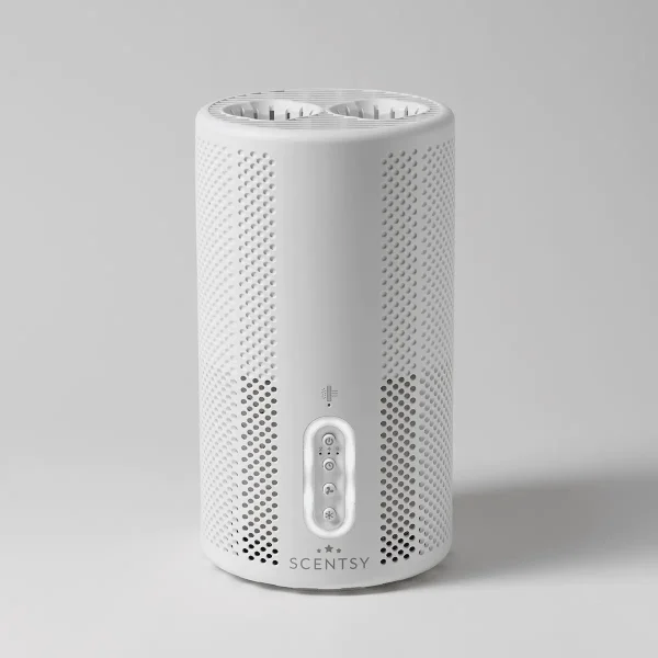 Scentsy Air Purifier White - White cylindrical Scentsy Air Purifier with perforated mesh panels, dual top vents, control buttons on the front, and the Scentsy branding and logo at the base