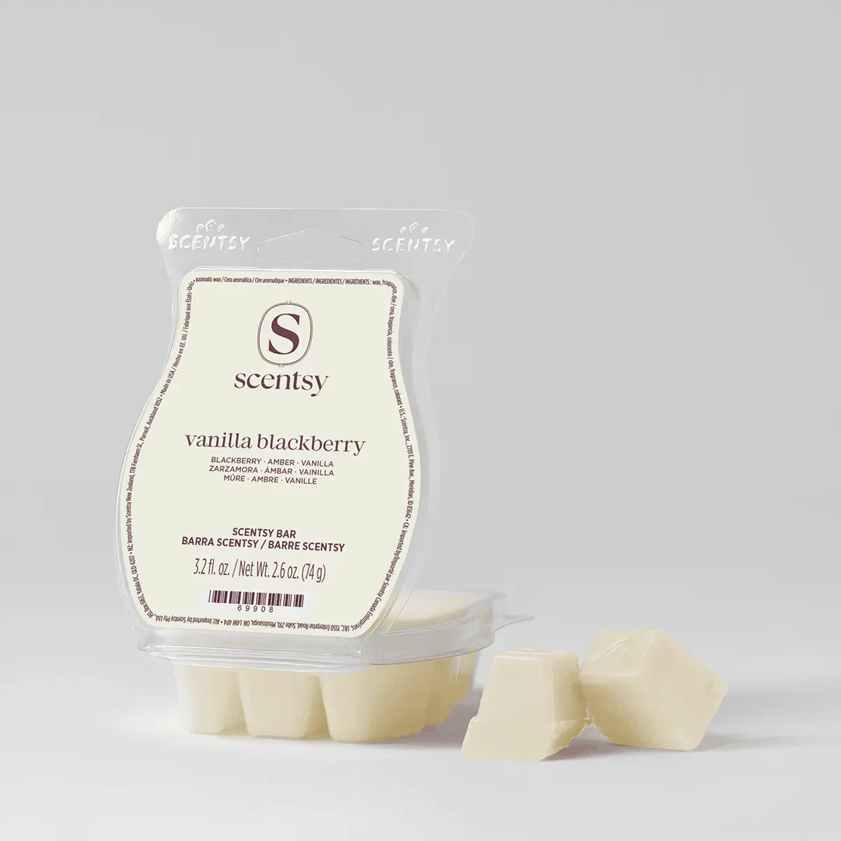 Vanilla Blackberry Scentsy Bar in cream-coloured wax, shown both in its clear clamshell packaging with label and as individual broken pieces beside it