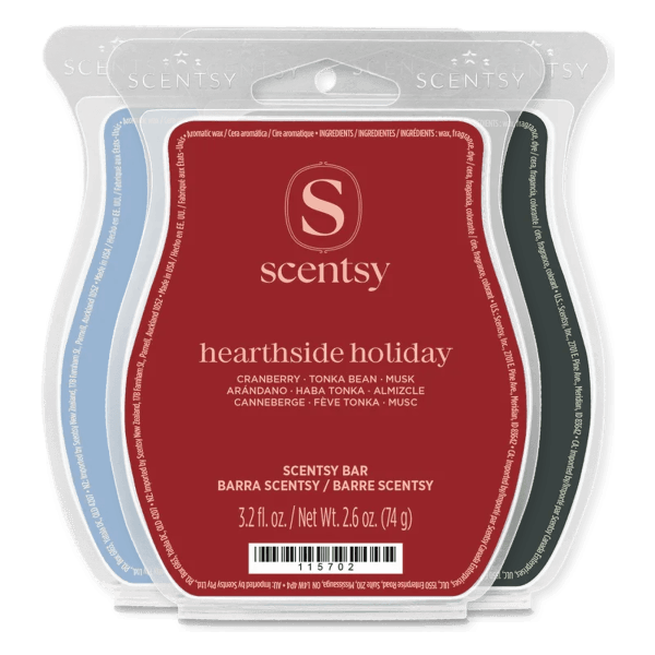 Holiday Scentsy Bar 3 pack displayed in clear plastic clamshell packaging showing three wax bars with red, blue, and dark green labels, the center red label reading "hearthside holiday" with Scentsy branding