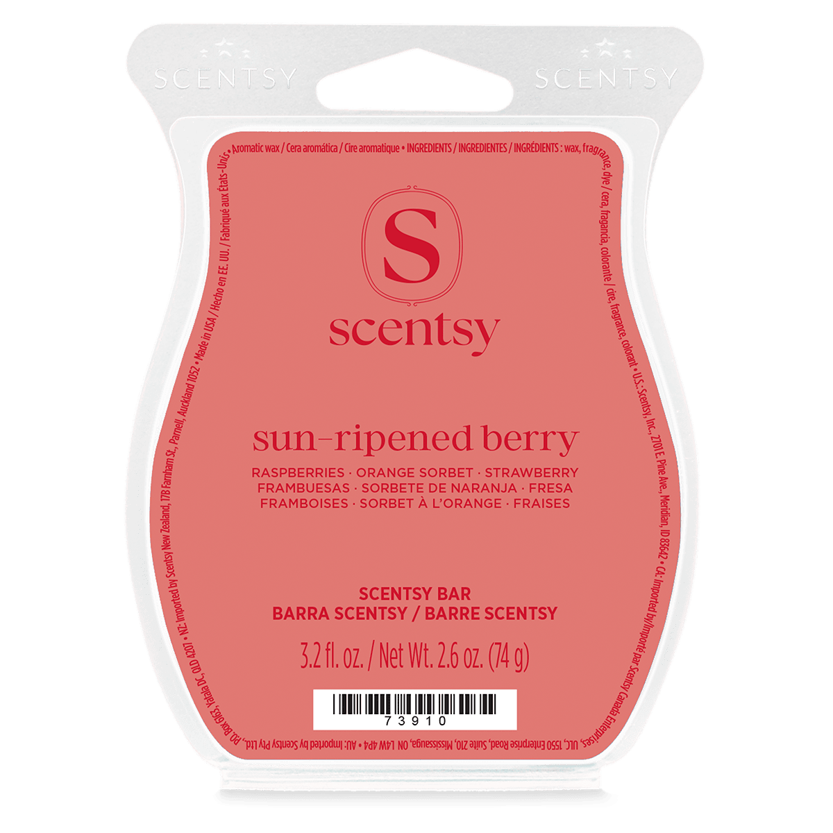 Coral-pink wax bar sealed in clear moulded packaging with a white hanging tab, the Sun-Ripened Berry Scentsy Bar