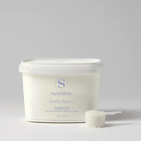 Cream-coloured tub of Fluffy Fleece Washer Whiffs Tub with white lid and scoop, containing white laundry fragrance granules