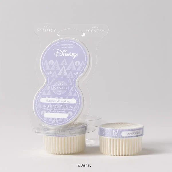 Clear plastic clamshell packaging with lavender label featuring Disney branding, containing two cream-coloured ridged Scentsy Pods, the Hundred Acre Wood Scentsy Pods