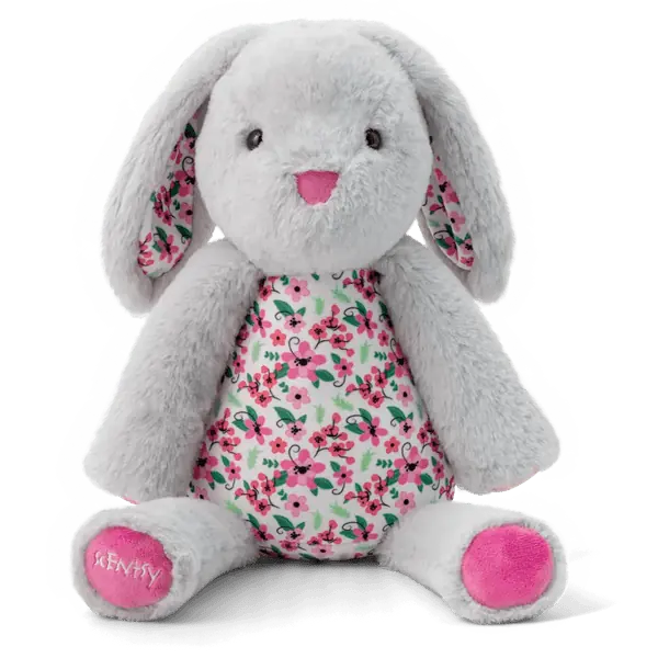 Soft grey plush rabbit with long floppy ears featuring a pink floral print, pink nose and mouth, and bright pink paw pads, Rosalina the Rabbit Scentsy Buddy