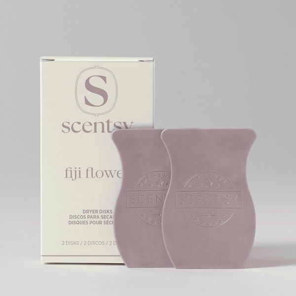 Two mauve wafer-shaped dryer disks with embossed Scentsy branding, displayed alongside their cream-coloured box for Fiji Flower Dryer Disks