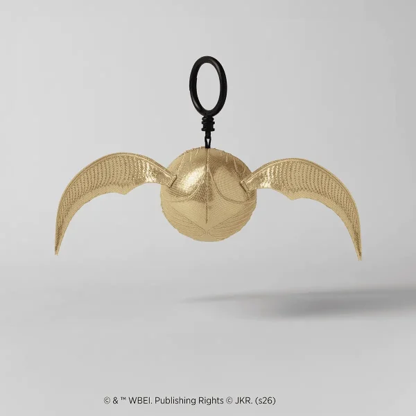 Gold textured sphere with outstretched mesh wings and a black loop attachment, the Golden Snitch Scentsy Buddy Clip