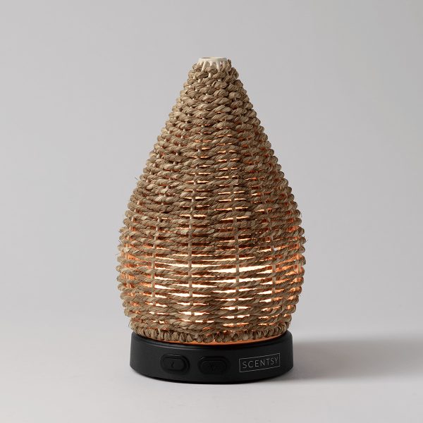 Woven teardrop-shaped diffuser with a natural tan wicker texture and open lattice pattern, mounted on a black base with control buttons, the Wonder - Scentsy Diffuser