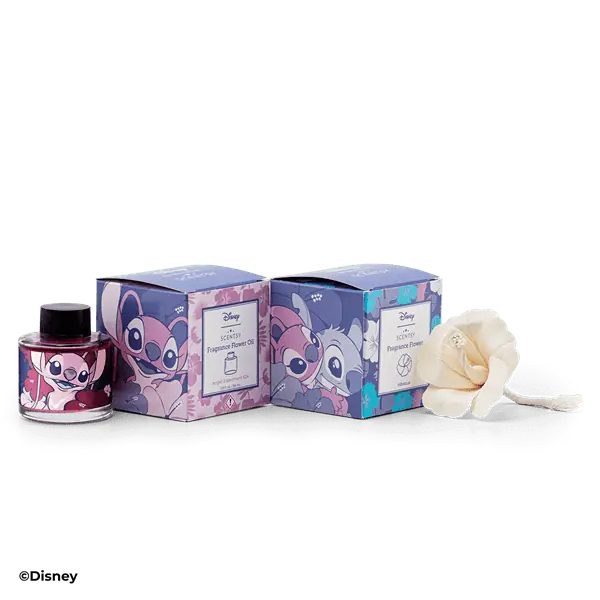 Two Disney Stitch-themed boxed fragrance flowers with hibiscus pattern, one pink and one blue, displayed with burgundy liquid fragrance bottle and cream ceramic flower diffuser