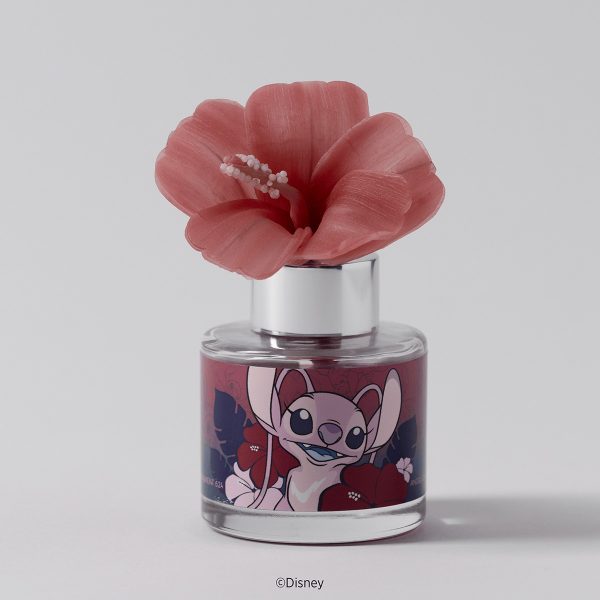 Pink hibiscus flower on a silver-capped glass bottle with a label of Disney's pink Angel among red tropical blooms, the Angel: Experiment 624 - Hibiscus Fragrance Flower