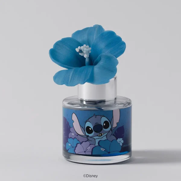 Blue hibiscus flower atop a glass bottle with a silver cap and a Stitch character label among blue flowers, the Stitch: Experiment 626 - Hibiscus Fragrance Flower
