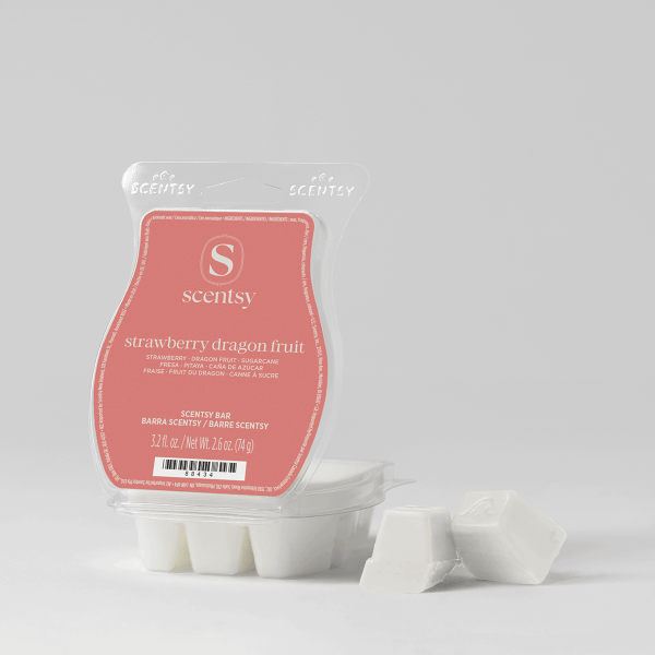 Strawberry Dragon Fruit Scentsy Bar in coral-pink packaging with white wax cubes in a clear plastic clamshell, with two individual wax pieces displayed in front