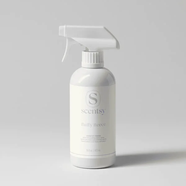 White spray bottle with trigger applicator labelled Scentsy Fluffy Fleece Scentsy Fresh fabric spray, 475 ml