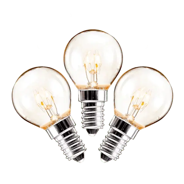 Three clear globe light bulbs with visible warm-toned filaments and threaded silver bases, the Replacement 20w Light Bulb - 3 Pack