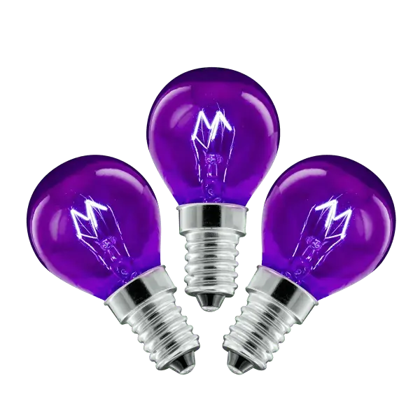 Three purple light bulbs with white lightning bolt designs on the globes and silver screw bases, the Replacement 20w Purple Light Bulb - 3 Pack