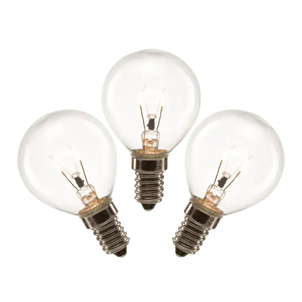 Three clear round bulbs with visible filaments and threaded brass bases, the Replacement 25w Light Bulb - 3 Pack
