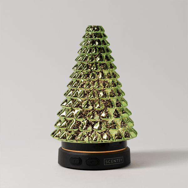 Noble & Bright - Scentsy Diffuser - Conical green glitter diffuser with tiered geometric pattern and gold accents on a black base with controls, the Noble & Bright - Scentsy Diffuser