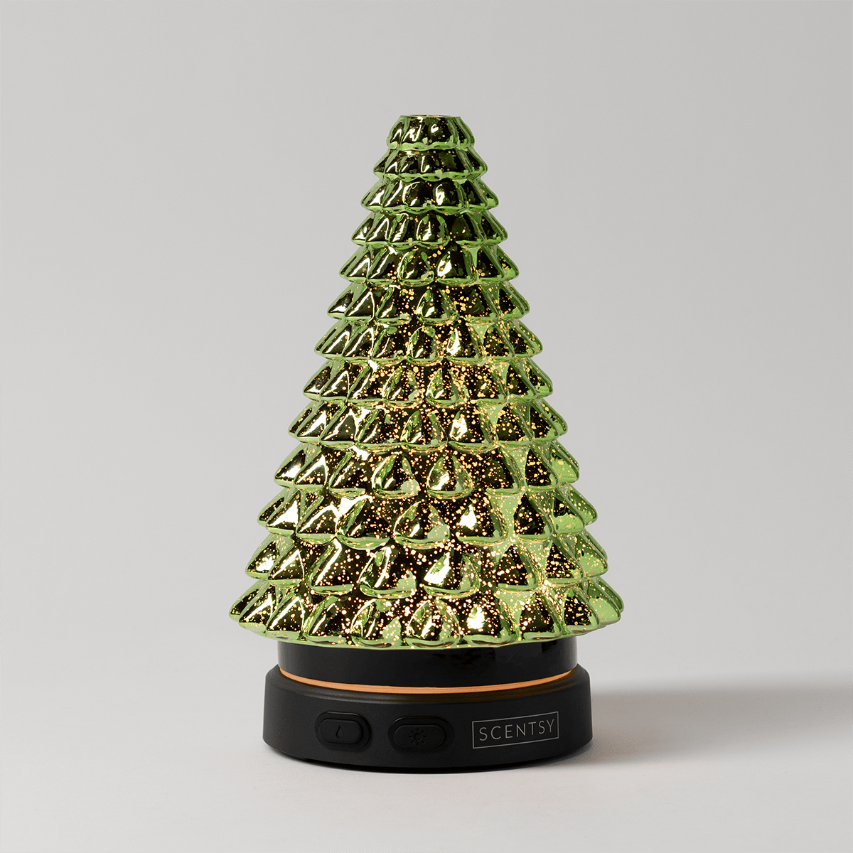 Noble & Bright - Scentsy Diffuser - Conical green glitter diffuser with tiered geometric pattern and gold accents on a black base with controls, the Noble & Bright - Scentsy Diffuser