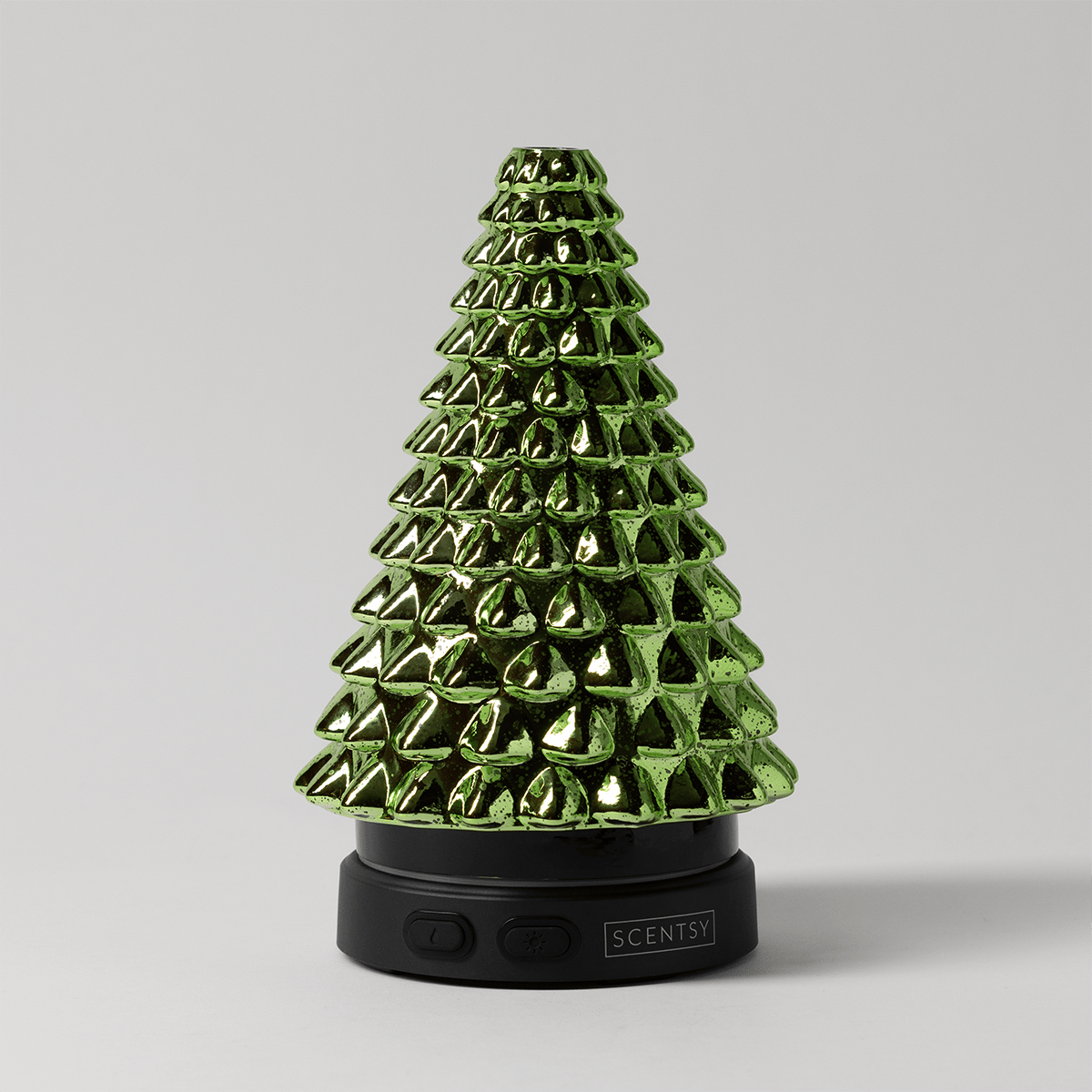 Glossy green tree-shaped diffuser with tiered rows of dimensional triangular facets that scatter light, mounted on a black base with Scentsy branding, the Noble & Bright Scentsy Diffuser