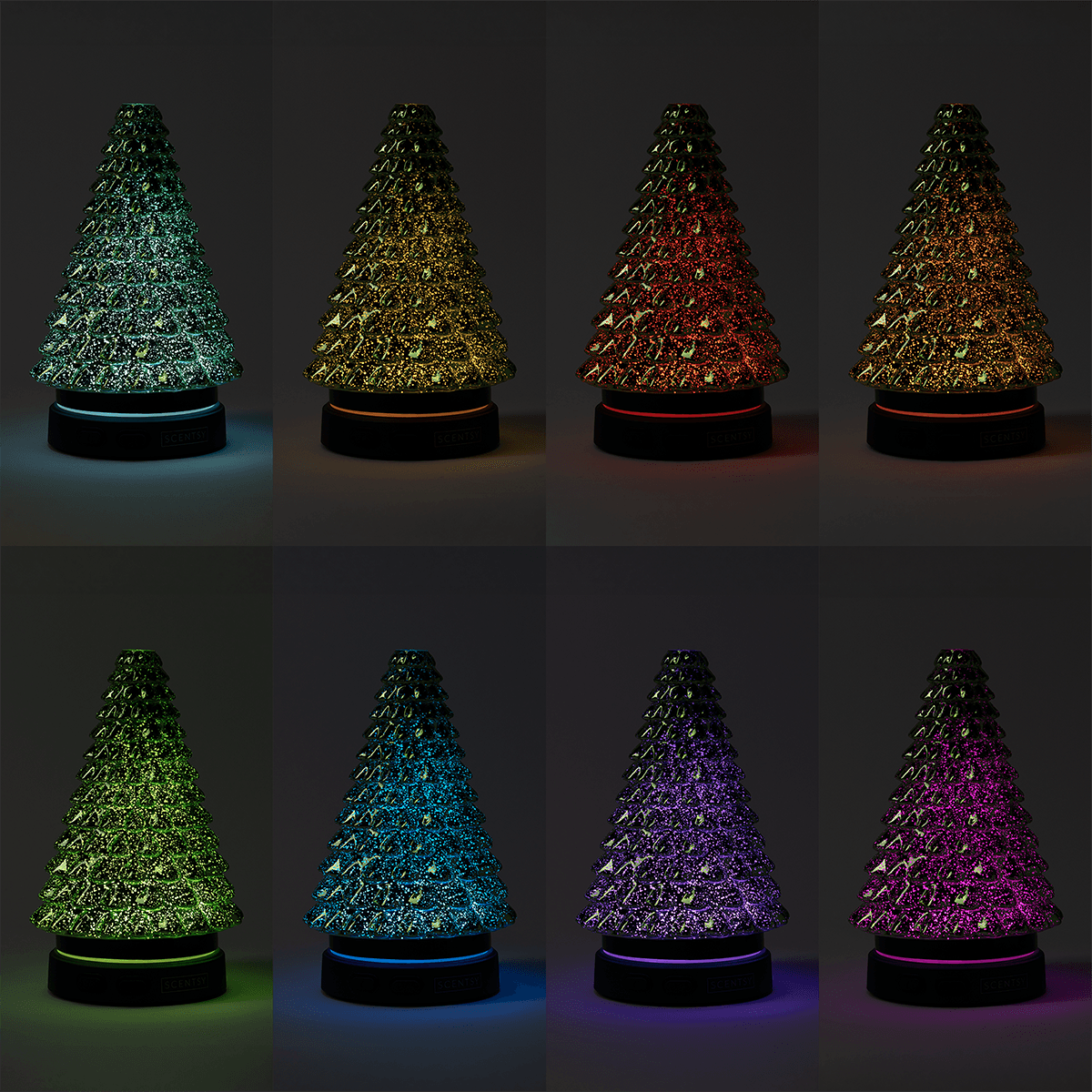 Eight colour-changing LED display options for the Noble & Bright Scentsy Diffuser, showing glittering tree-shaped designs illuminated in green, gold, red, warm amber, lime, cyan, purple, and magenta against dark backgrounds