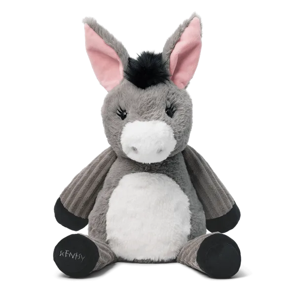 Soft plush donkey with gray fuzzy body, white belly, pink inner ears, black mane, and black hooves, Domingo the Donkey Scentsy Buddy