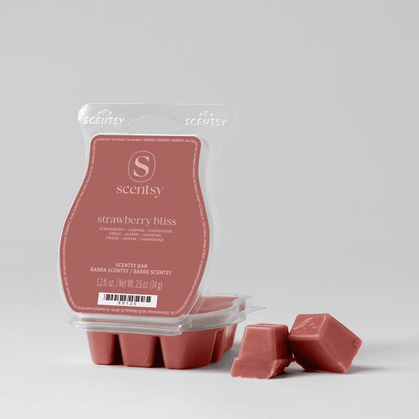 Coral-pink Scentsy wax bar in a clear plastic clamshell package, Strawberry Bliss Scentsy Bar, with six individual wax cubes displayed in front and loose pieces beside the packaging