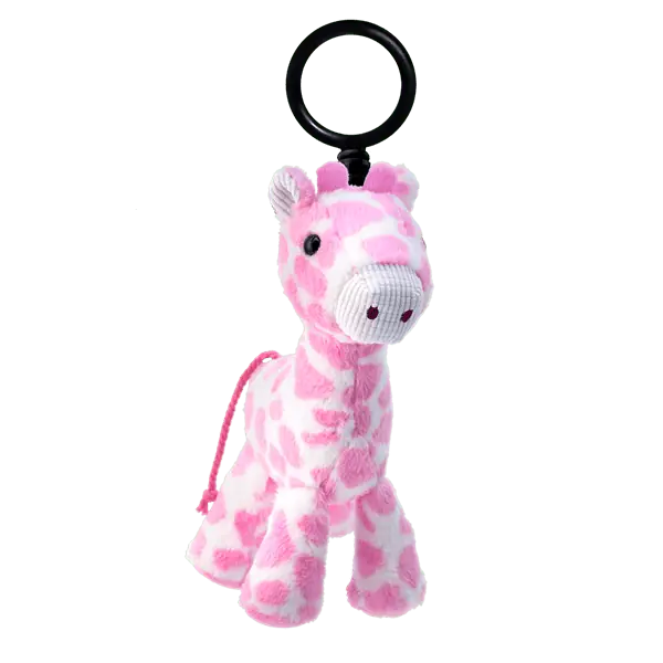 Pink and white plush giraffe with spot pattern, embroidered eyes, and a black ring attachment at the top, Genna the Giraffe Buddy Clip