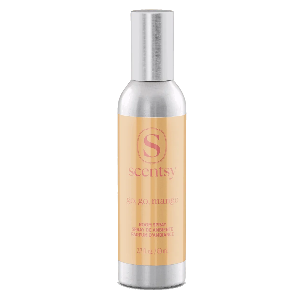 Metallic silver bottle with cream and coral label featuring the Scentsy logo, text reading "Go, Go, Mango Room Spray" and "2.7 fl. oz./80 mL