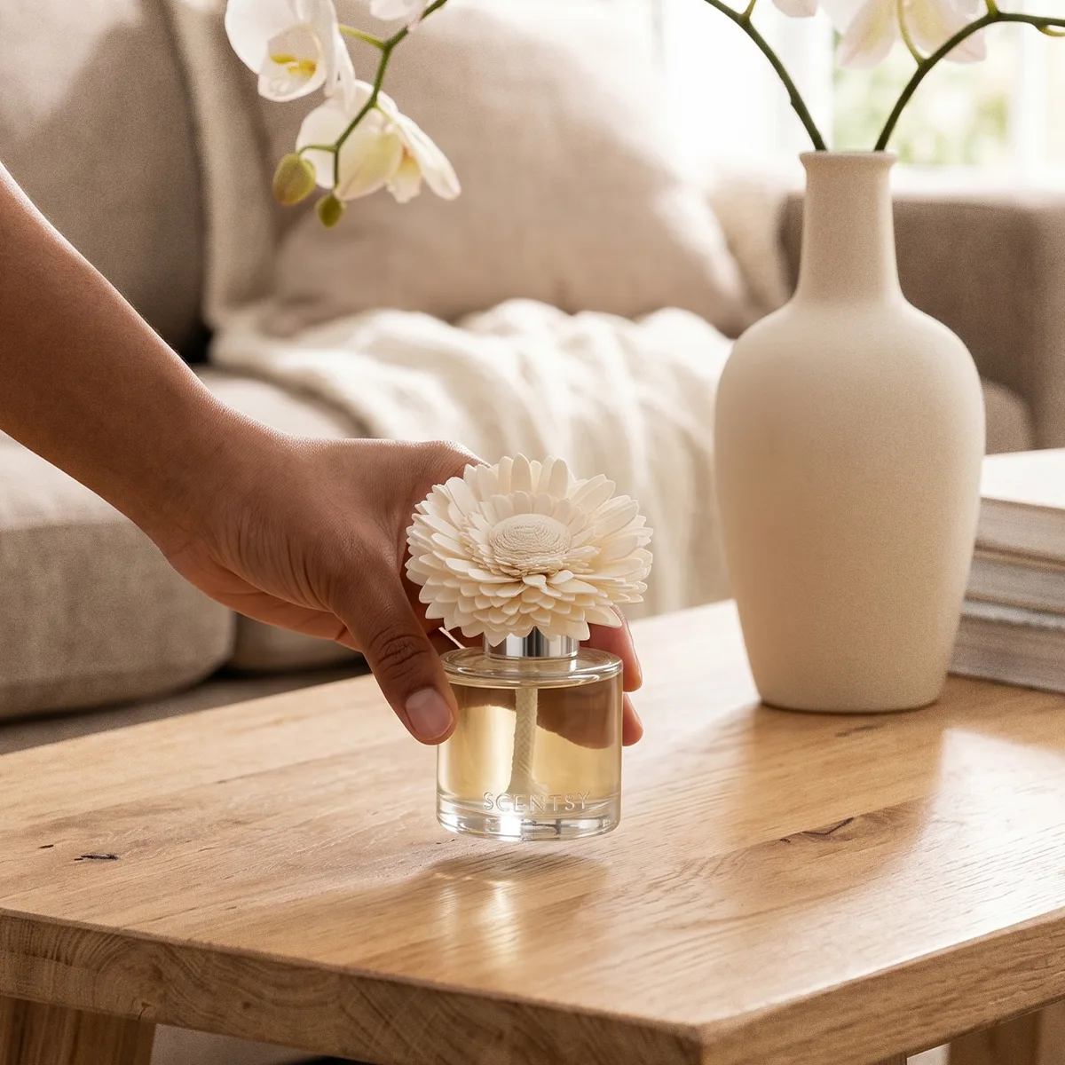 Hand holding a cream-coloured daisy-shaped Fragrance Flower with a clear glass base filled with pale liquid, displayed on a wooden table with neutral home décor