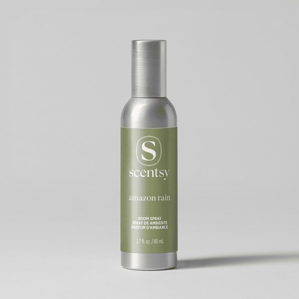 Metallic silver bottle with sage-green label featuring the Scentsy logo, Amazon Rain Room Spray, 2.7 fl oz, with spray nozzle top