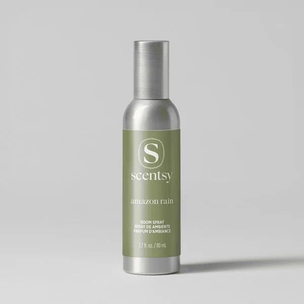 Metallic silver bottle with sage-green label featuring the Scentsy logo, Amazon Rain Room Spray, 2.7 fl oz, with spray nozzle top