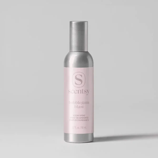 Pink and silver cylindrical room spray bottle with Scentsy branding and the product name Bubblegum Blast Room Spray printed on the label, 80 mL size