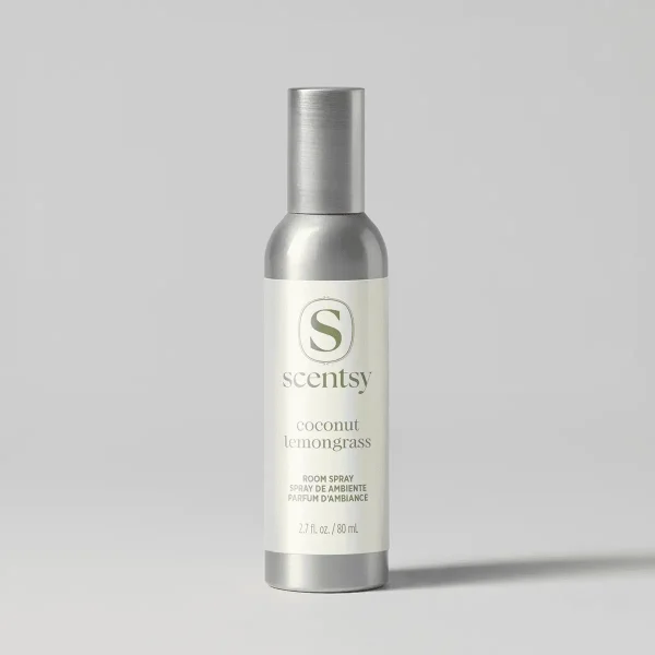 Cylindrical room spray bottle with brushed silver metal cap and base, cream-coloured label with the Scentsy logo and "Coconut Lemongrass Room Spray" text, 2.7 fl oz/80 mL
