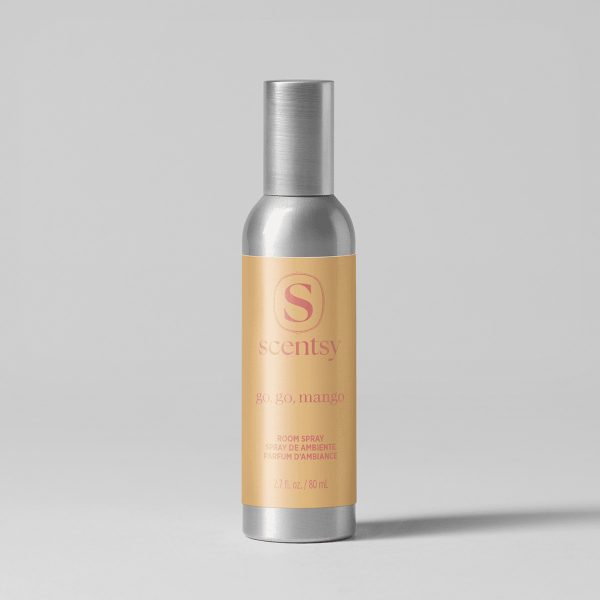 Metallic silver cylindrical room spray bottle with a cream-coloured label featuring the Scentsy logo and "Go, Go, Mango Room Spray" text, 80 ml size