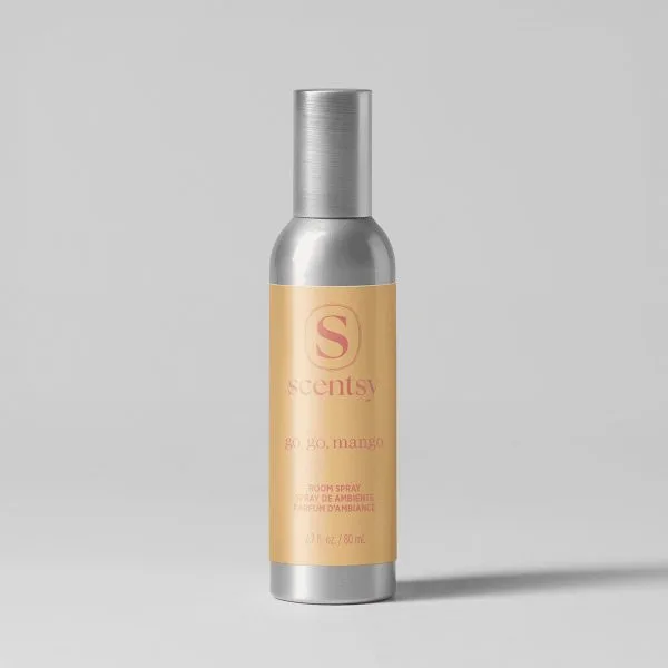 Metallic silver cylindrical room spray bottle with a cream-coloured label featuring the Scentsy logo and "Go, Go, Mango Room Spray" text, 80 ml size