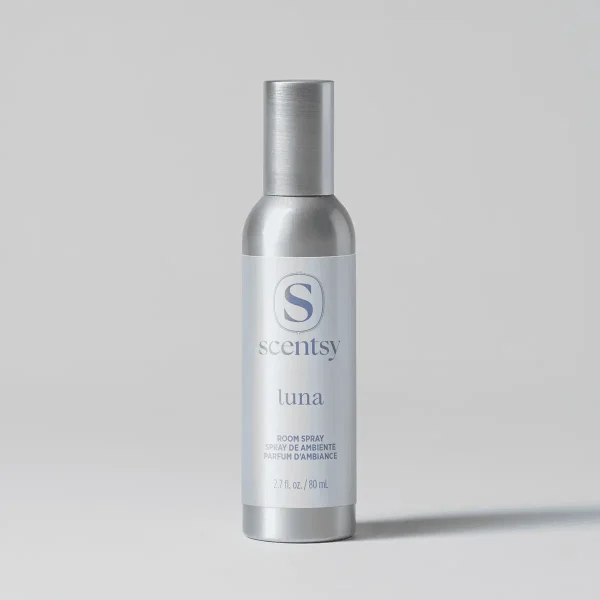 Luna Room Spray - Metallic silver spray bottle with white label featuring the Scentsy logo and "luna" text, 80 ml room spray with brushed aluminium cap