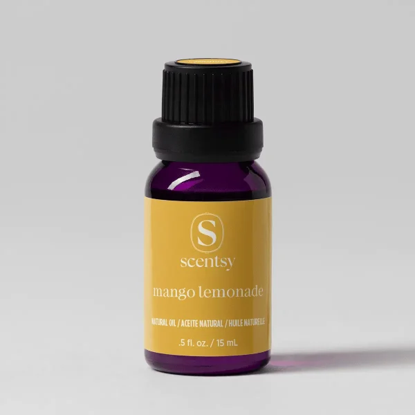 Deep purple glass bottle with a black cap and gold foil top, featuring a gold label with white Scentsy branding and "mango lemonade" text, the Mango Lemonade Natural Oil Blend, 15 mL size