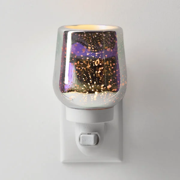 Glass warmer with iridescent black and purple finish scattered with gold speckles, mounted on a white plug-in base with on/off switch, the Stargaze Mini Scentsy Warmer